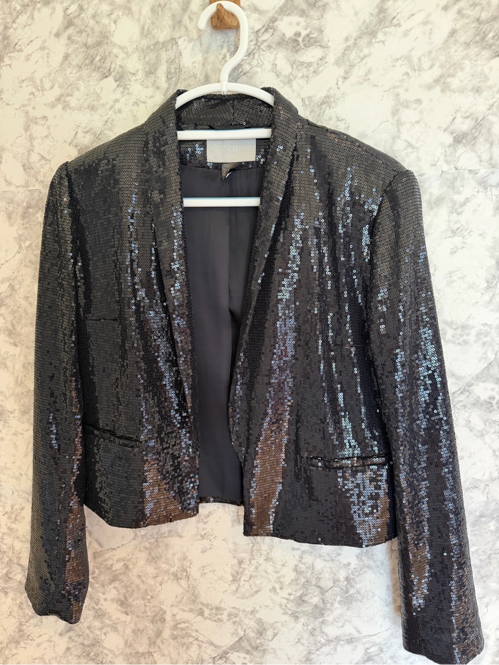 H&M Women's Navy Sequin Open-Front Blazer